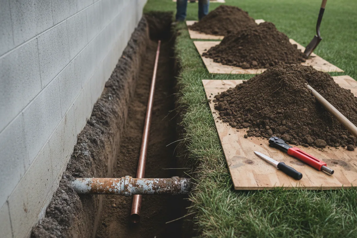 Excavated water line trench during Water Softener Installation in North Royalton